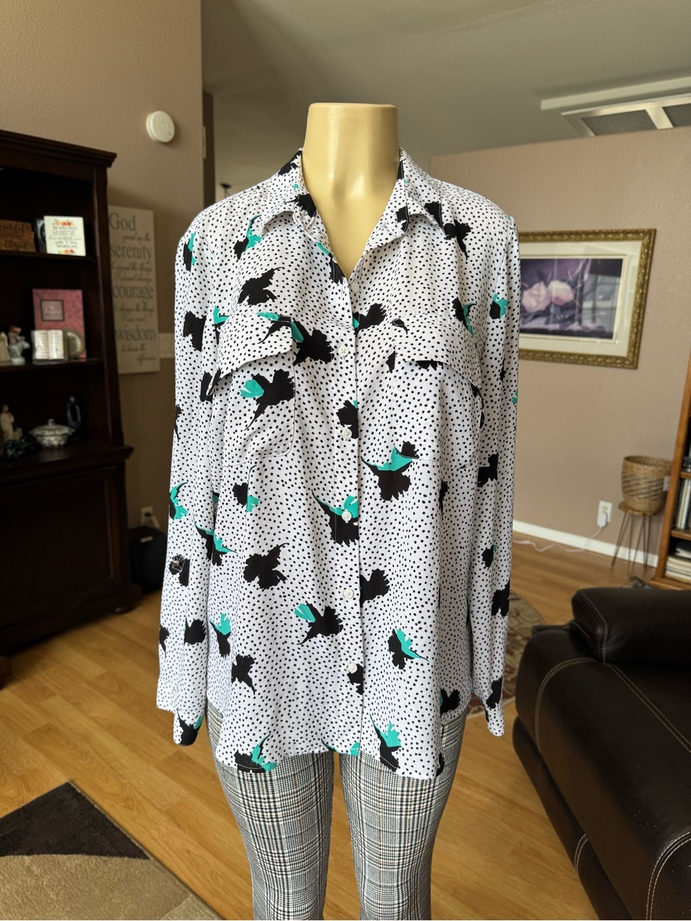 Apt 9 white polka dot button up blouse with black & green abstract-size L